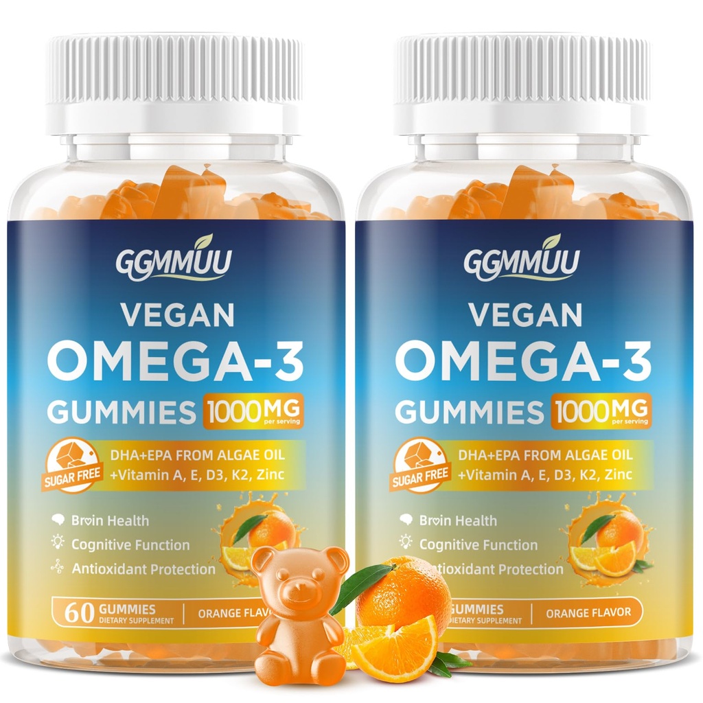 2 Balenie Vegan Omega 3 Gummies 1000MG Algal Oil Omega 3 Supplement for adults with Algae DHA 600mg & EPA 300mg Fish Oil Alternatíva - for Eye & Immune Health, Orange Flavor, 120 count