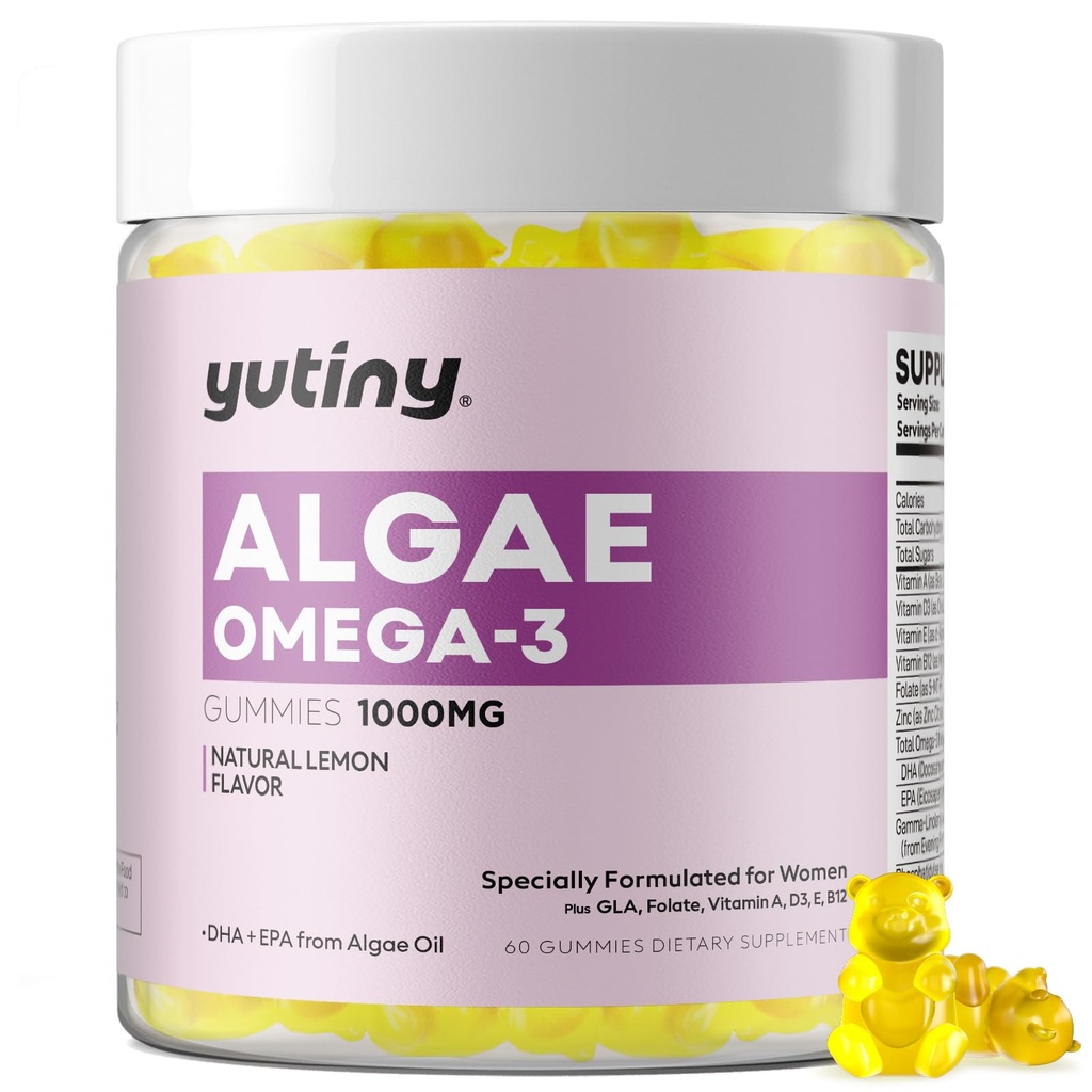 Vegan Omega 3 Gummy pre ženy, Algae Omega 3 1000mg Supplement with DHA, EPA, GLA, Vitamín A, E, B12, Folát, zdravie kože a mozgu, bez cukru, 60 Počet