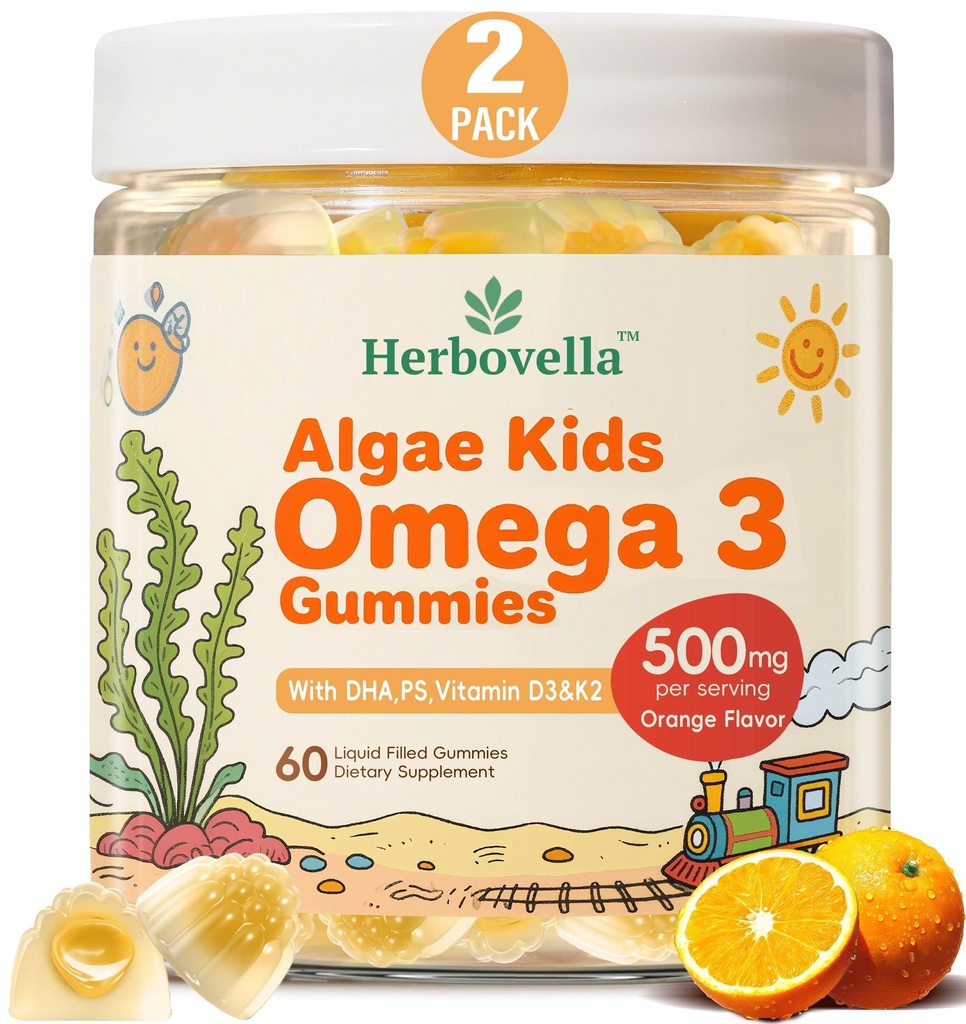 Deti Omega 3 Gummies 2 Balenie, Vegan Algae DHA 420mg s PS, vitamín D3 K2, bez cukru, bez rybieho oleja, Mozog a Focus Podpora pre deti, 120 Gummies