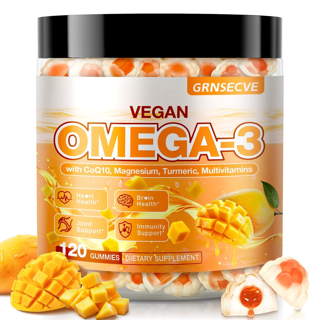 Vegan Omega-3 Gummy - Rybí olej Omega 3 Doplnky Alternatíva pre dospelých - Algae DHA 600mg & EPA 400mg, Vitamín D3 K2 - Žiadna ryba chuť - pre mozog, oči, imunitná podpora - bez cukru,120 Počet