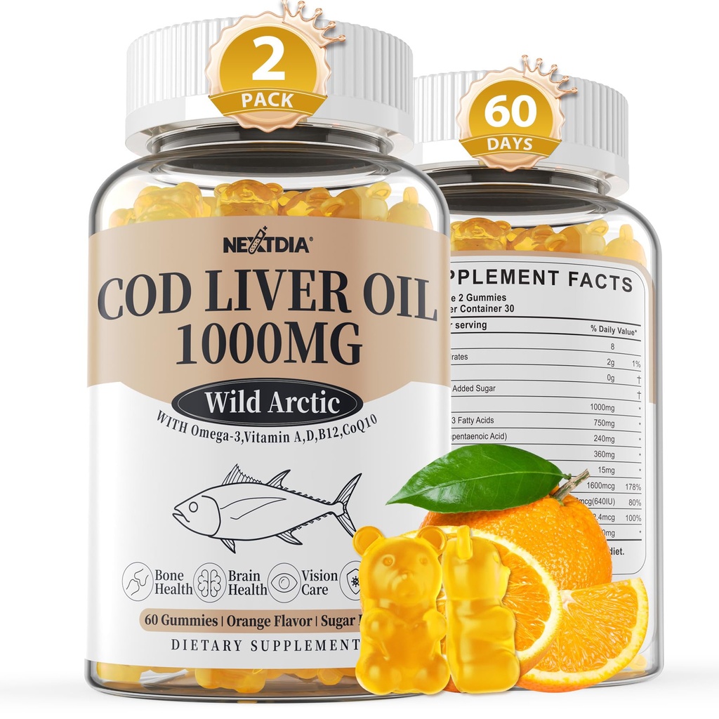 Cod Liver Oil 1000mg Gumies for Adults & Kids, with Vitamin A & D3 - Omega 3 Fish Oil Supplement - DHA 360mg & EPA 240mg for Brain, Bone, Eye & Immune Health, Free Sugar, 120 count