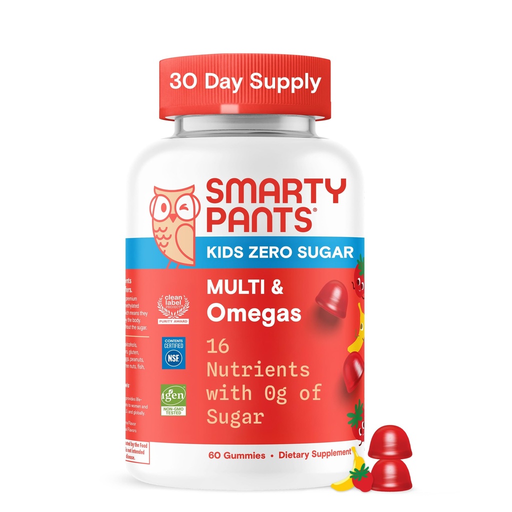 SmartyPants Detské Zero Cukor Multivitamínové Gumies: Omega-3, Vitamíny D, C, A, Plant-Based, Gluten Free, Jahodová Banánová Flavor, 60 Počet (30 dní dodávky)