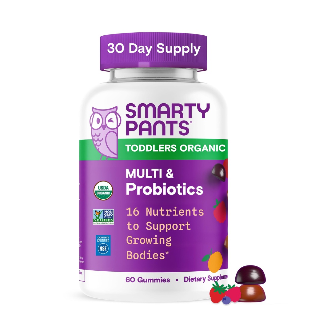 SmartyPants Organické Batoľa Multivitamínové Gummy: Probiotiká, Omega 3 (ALA), Vitamín D3, C, Vitamín B12, B6, A, K & Zinok, Beta karotén, bezlepok, Tri ovocné príchute, 60 Počet (30 dní)