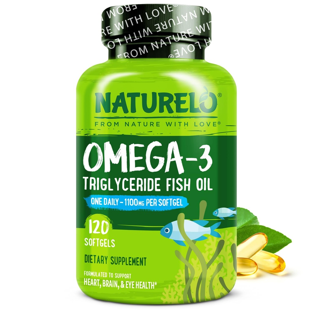 NATURELO Burpless Omega 3 Fish Oil Supplement - 1100mg Triglycerid Omega-3, EPA + DHA, Liquid Fish Oil for Heart, Eye, Brain, Joint Health - 120 Softgels, 4 Mesiace Zásobovanie