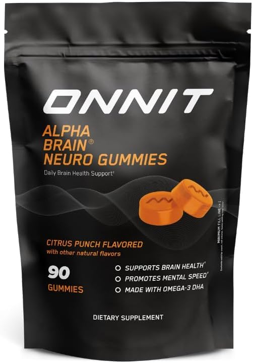 ONNIT Alpha Brain Neuro Focus Gummies, IGEN Non-GMO testované Vegan Gummies s Omega-3s Lutein Zeaxantin a kofeín, Mozog oka a zaostrenie doplnok pre mužov a ženy, Citrus Punch, 90 Počet