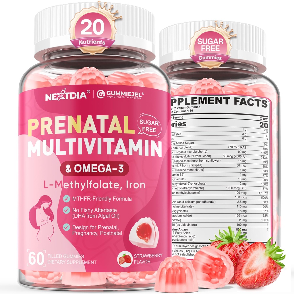 Prenatálne vitamíny pre ženy Gummy, Metylfolát 1 mg, Vegan Omega 3 DHA 800mg, Železo, Cholín, Jód, Vitamín D3 B6 B12 - Multivitamín pre ženy Pred, počas a po tehotenstve, bez cukru, 60 Počet
