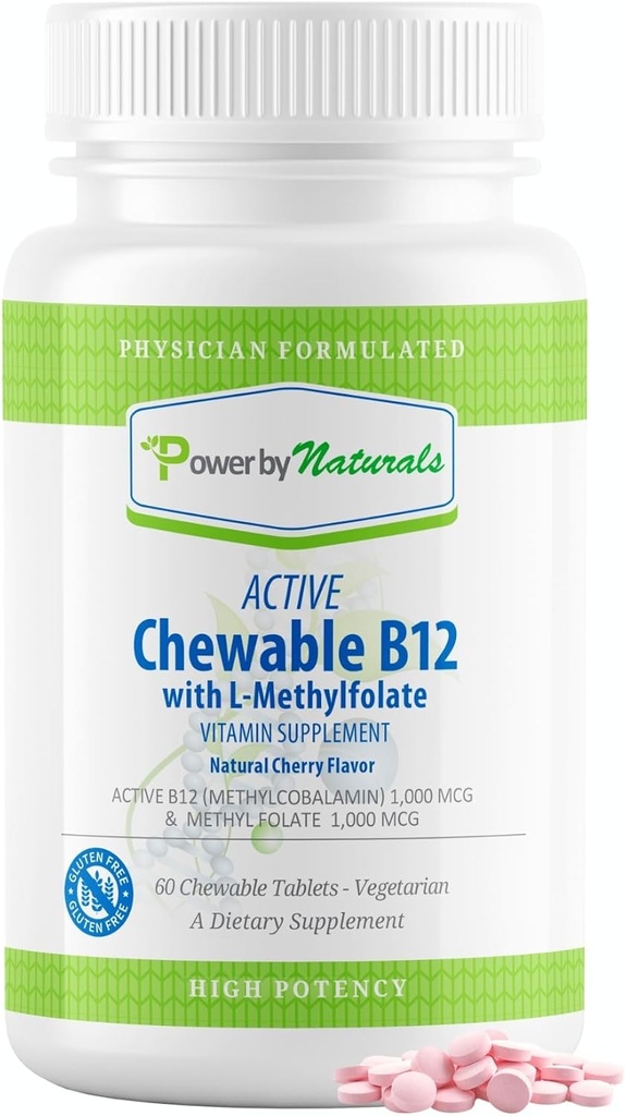 Power by Naturals Active Chewable Methylated B12 s L-metyl folátov doplnok pre ženy a mužov, Cherry Flavor, 60 tabliet