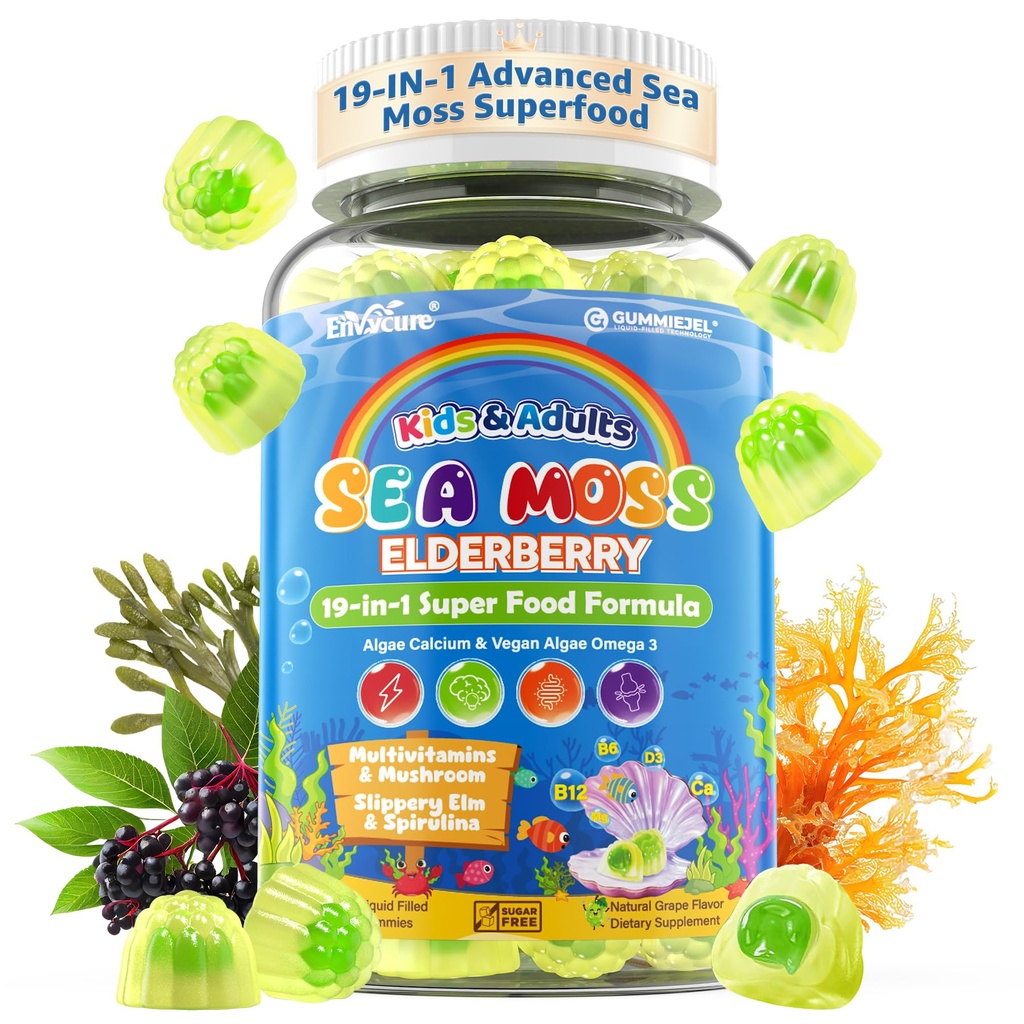 Morské machy + bazové guličky pre deti a dospelých, 19-IN-1 Super Food with Spirulina, Algae Omega 3, Algae Calcium, Ashwagandha, Huba, Vitamíny D3, C pre immune, Gut, Bone, Energy, Brain,Vegan 60Cts
