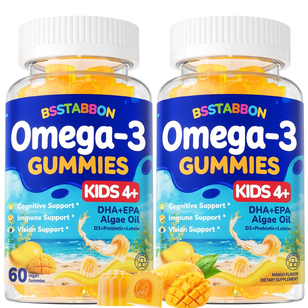 Vegan Omega 3 Gummy pre deti 4+: Prírodné Omega-3 mastné kyseliny doplnok DHA EPA s vitamín D3 B12 probiotický luteín zinok pre celkové zdravie - žiadne ryby chuť multivitamín pre deti [120Count]