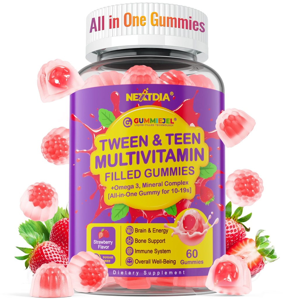 Nextdia Multivitamínové plná Gummy pre dospievajúcich chlapcov dievčatá 12-17, 18, 19, Deti 10+ Multivitamín s Omega 3, vápnik + horčík + zinok, Multi-minerály pre dospievajúcich 10-19S mozog, kosti, energie, imunita