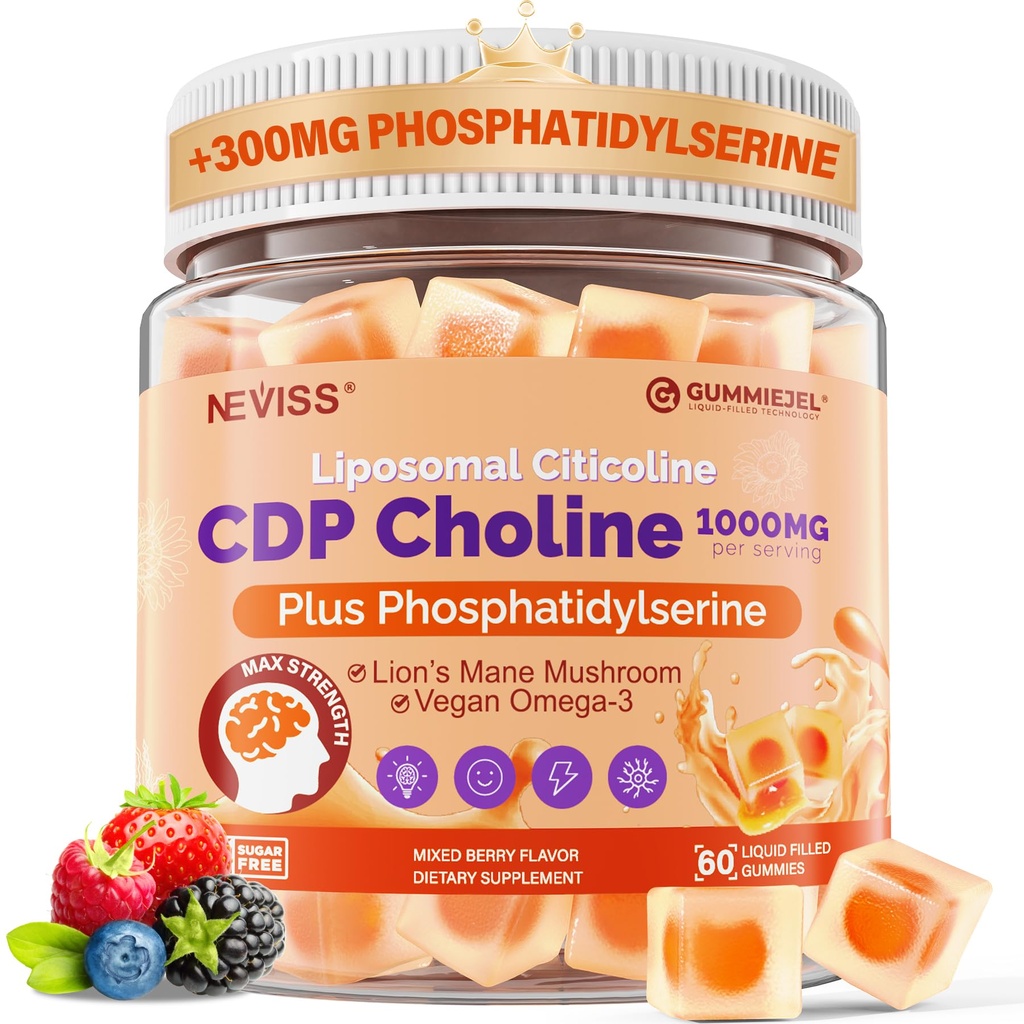 Citicolín 1000mg & Fosfatidylserín 300mg Doplnky CDP Choline Gummy, Mozog doplnok pre pamäť a zaostrenie w/ Lion Mane Mushrom, Omega-3, Methylfolate, B6 & B12, Non- GMO,Cugar Free,60ct