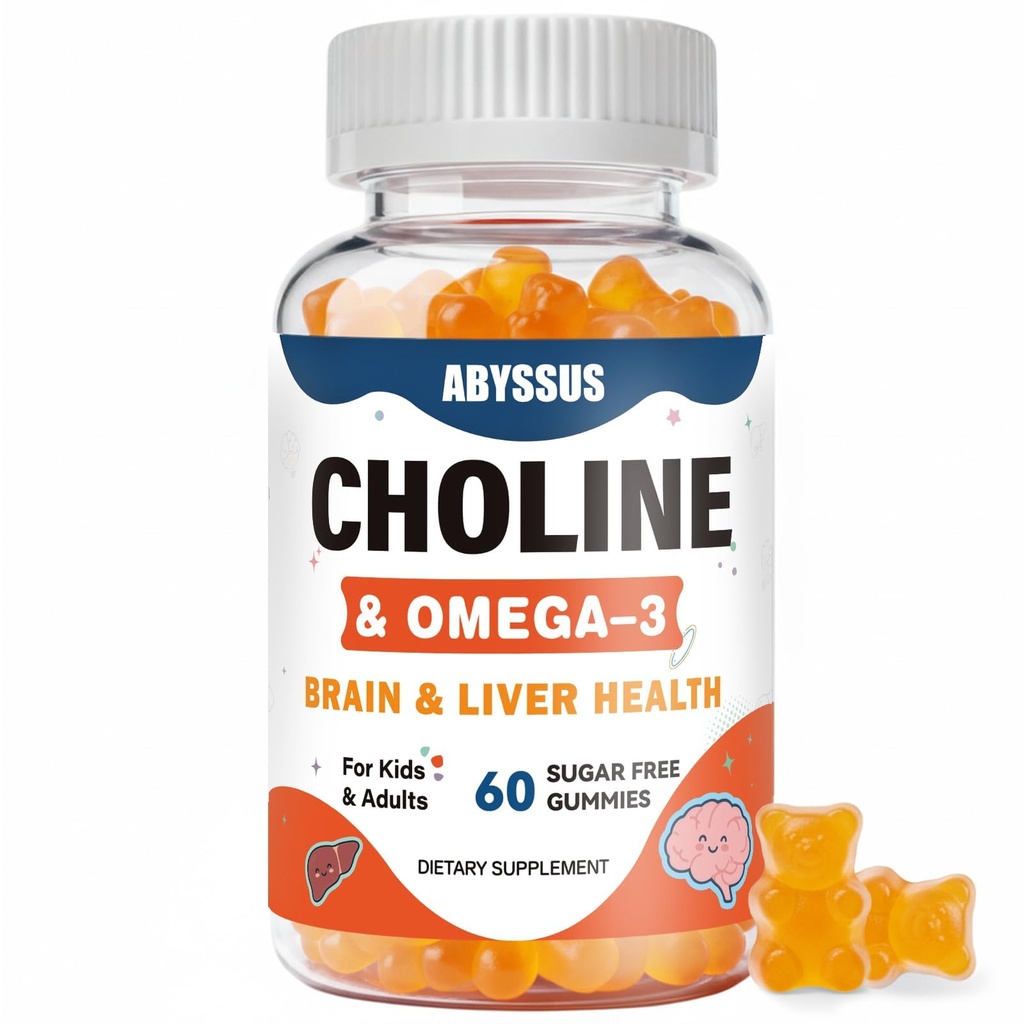 ABYSSUS Choline Gummy pre deti a dospelých, Choline bez cukru bitartrát doplnky s Algal Omega-3 DHA EPA & Active B6 B12, Podpora mozgu a pečene, Vegan, 60 Počet