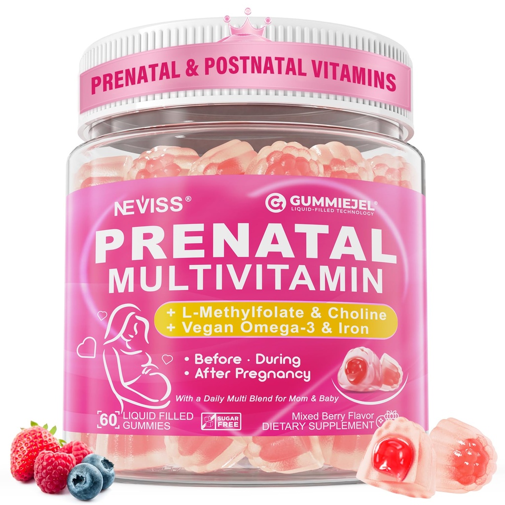 Prenatálne vitamíny pre ženy Multivitamínové Gummies w/ Methylfolate 1mg, Choline Omega-3(DHA+EPA) Železo, Postnatálne vitamíny pre ženy Dojčenie 