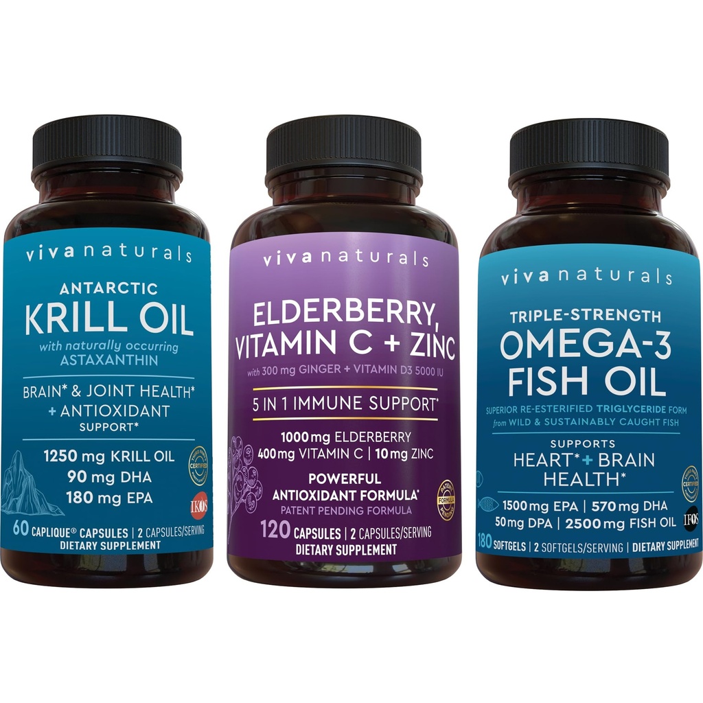 1250 mg antarktický krilový olej, bazový vitamín C a zinok a 2500 mg Triple-silth Omega 3 Fish Oil Bundle, Providing Omega 3 EPA a DHA, Elderberry for Immune Support