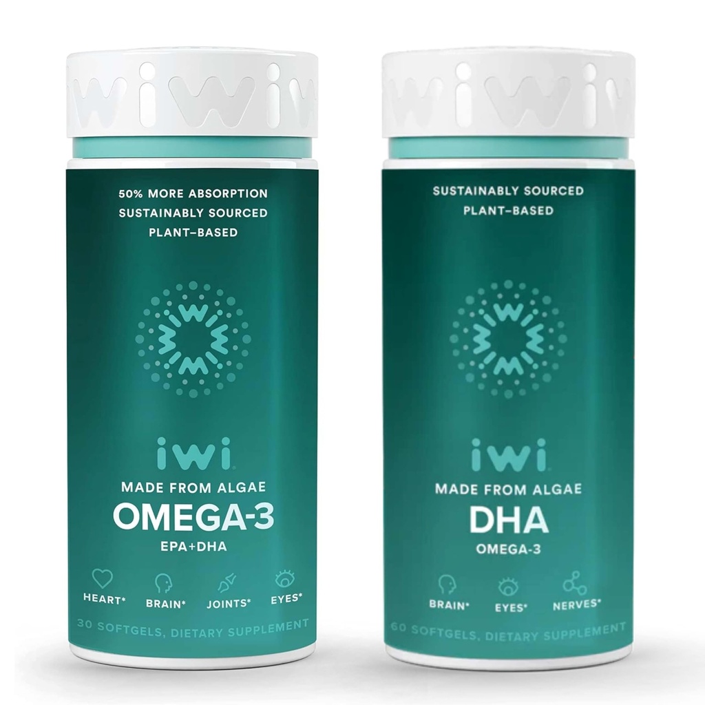 Iwi Omega-3 & DHA Omega-3 Bundle, 30 Servings, Vegan Plant-Based Algae Omega 3, Krill & Fish Oil Alternative, No Fishy Dochust