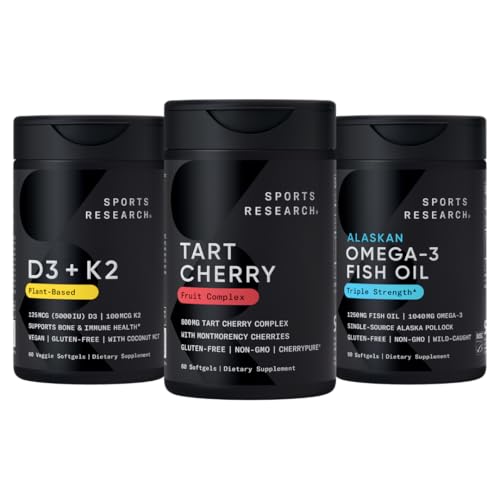 Športový výskum® Multivitamínový balík w/CherryPure® Tart Cherry Fruit Complex 800mg, Vitamín D3 5000iu + K2 100mcg a Aljašský Omega-3 Rybí olej 1250mg - Non-GMO · Bez cukru · Bezlepok