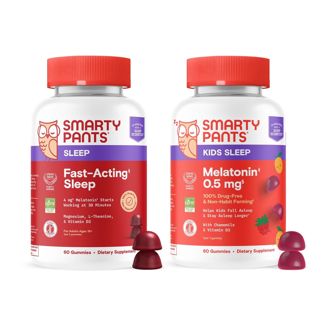 SmartyPants Sleep Gummies Family Bundle: Podpora pre spánok dospelých a deti s Melatoninom 