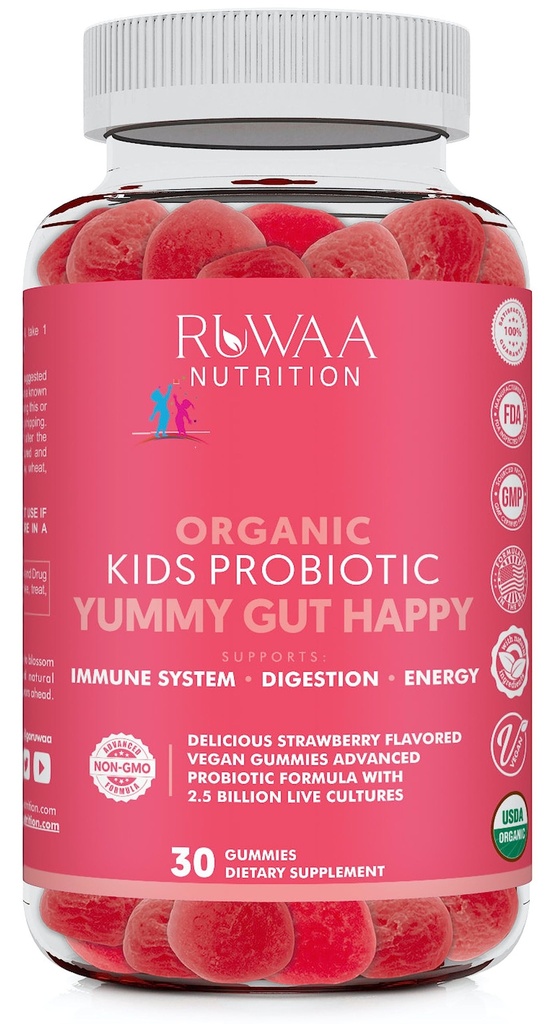 RUWAA NUTRITION Kids Organic Probiotic Gummies for Digestive Health, Immune Support, Combace, Bloating. 2,5 miliardy JTK, jahodová chuť, žuvacie probiotiká pre deti vo veku 4+, 30ct (1)