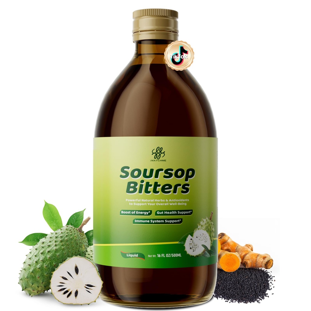 Soursop Bitters Liquid for Digestive Health,Gut Detox&Cleanse,Antioxidant,Immune Support,Skin Health-Pure 15 Herb Guanabana Tea with Black Seed,Moringa & Turmerica,98% High Absorbtion,Non-GMO 16 fl oz