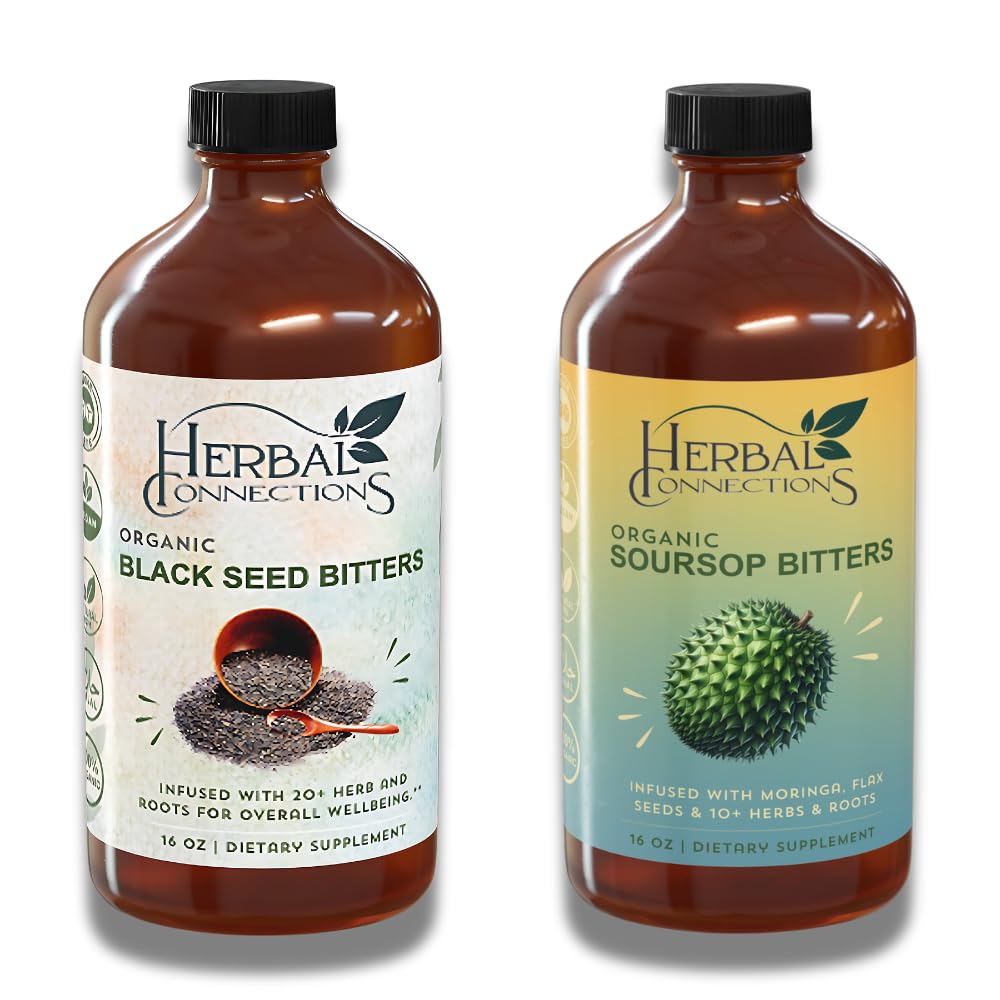 Bylinné spojenia Organické sourzop & Black Seed Bitters Bundle - Prírodné rastlinné na báze zložiek pre nežné detox a trávivé zdravie dve fľaše, 32 Ounces (16 Ounces Each), 64 Slúži