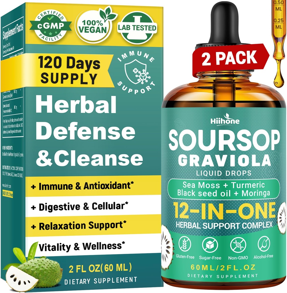 HILHONE (2 balenia) 12-v-1 Soursop bitters Liquid kvapky s morským machom, olej z čierneho semena, Moringa pre podporu buniek a regeneráciu, imunita, pečeň, Gut & Antioxidant - 2 Fl Oz