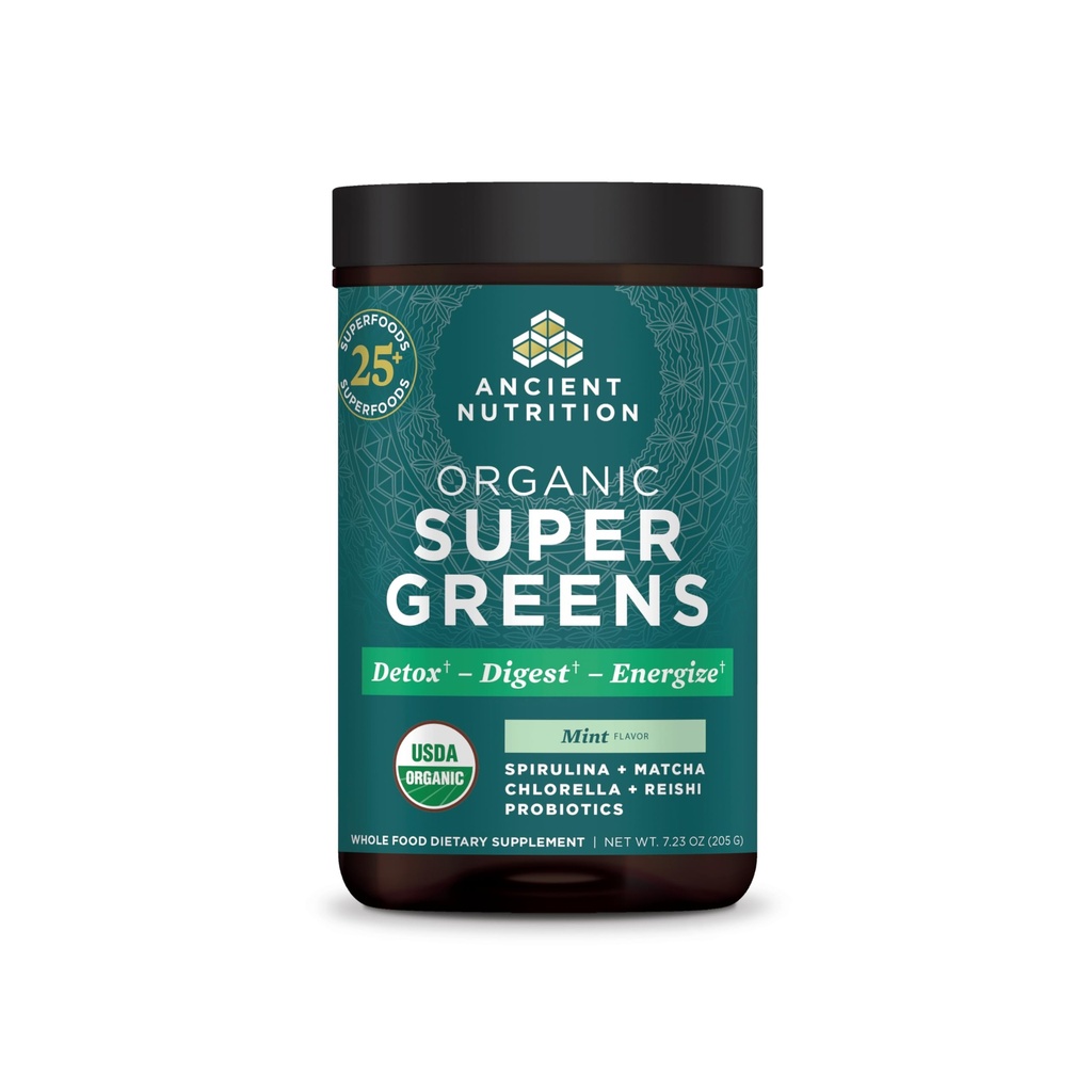 Staroveká výživa Supergreens prášok s probiotikami, Organic Peppermint Flavor Greens, vyrobené z reálneho ovocia, Zelenina a bylinky, pre trávenie a podporu energie, 25 Servírovanie, 7.23oz