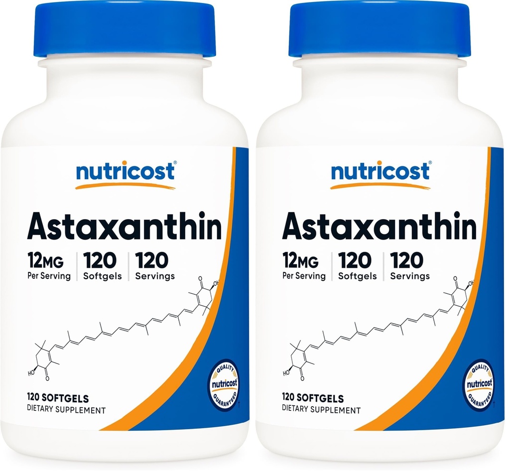 Nutricost Astaxantín 12 mg, bez GMO a lepidla, 120 Softgelov (4 mesiace) (dávka 2)