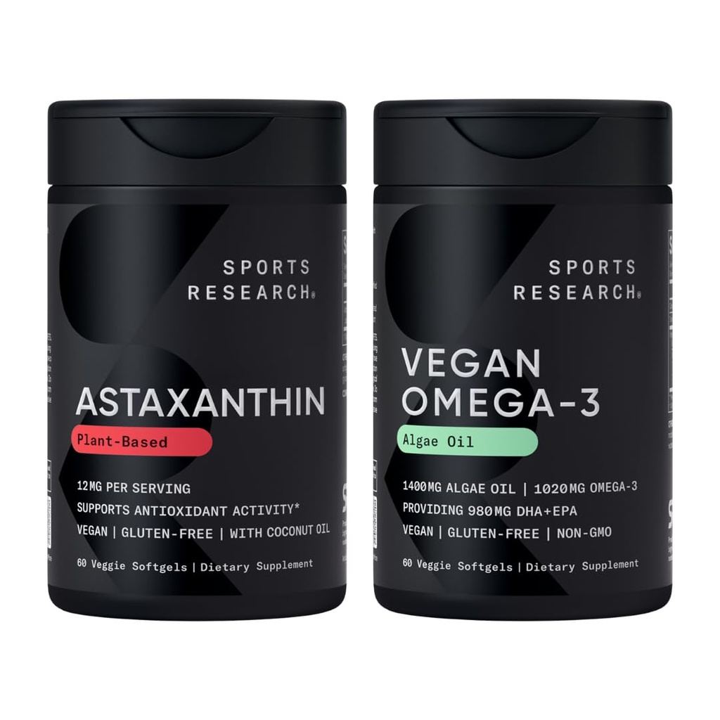 Športový výskum® Vegan Antioxidant Support Pack - Omega-3 Algae Olej a rastliny na báze astaxantínu Softgels pre antioxidačné aktivity, zdravie kože a očí (60 Veggie Softgels Each)