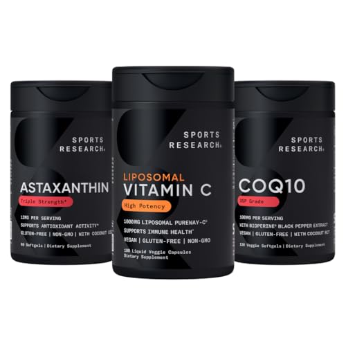 Sports Research® Antioxidant Support Pack - High Potency Lipozomal Vitamín C Supplement 1000mg + Coenzým Q10 100mg + Triple sila Astaxantin 12mg w/Organic Coconut Oil