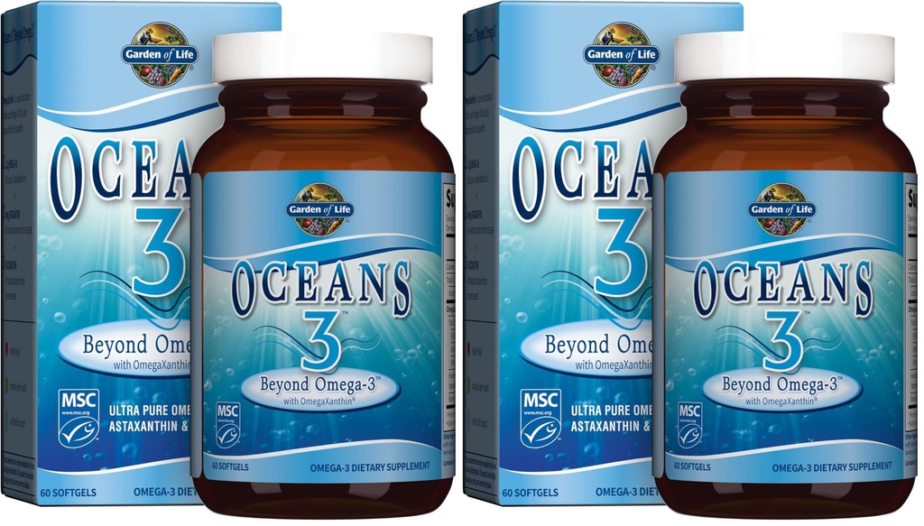 Garden of Life Oceans 3 Beyond Omega-3 with OmegaXantin, EPA, DHA Supplements, Fish Oil with 1200 mg Omega 3, Astaxantin & Brown Seaweed Extract - 60 Softgels, (Pack of 2)