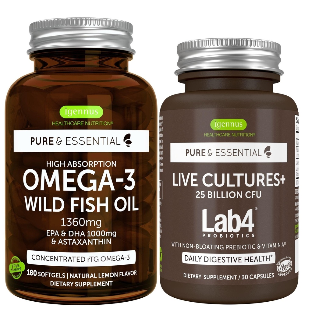 Čistá a esenciálna vysoká absorpcia Omega-3 Wild Fish Oil 1360mg + Živé kultúry+ Lab4 Probiotiká Bundle, 1000 mg EPA & DHA s astaxantínom + 25 miliárd CFU Lactobacillus Acidophilus & Bifidobacterium wi