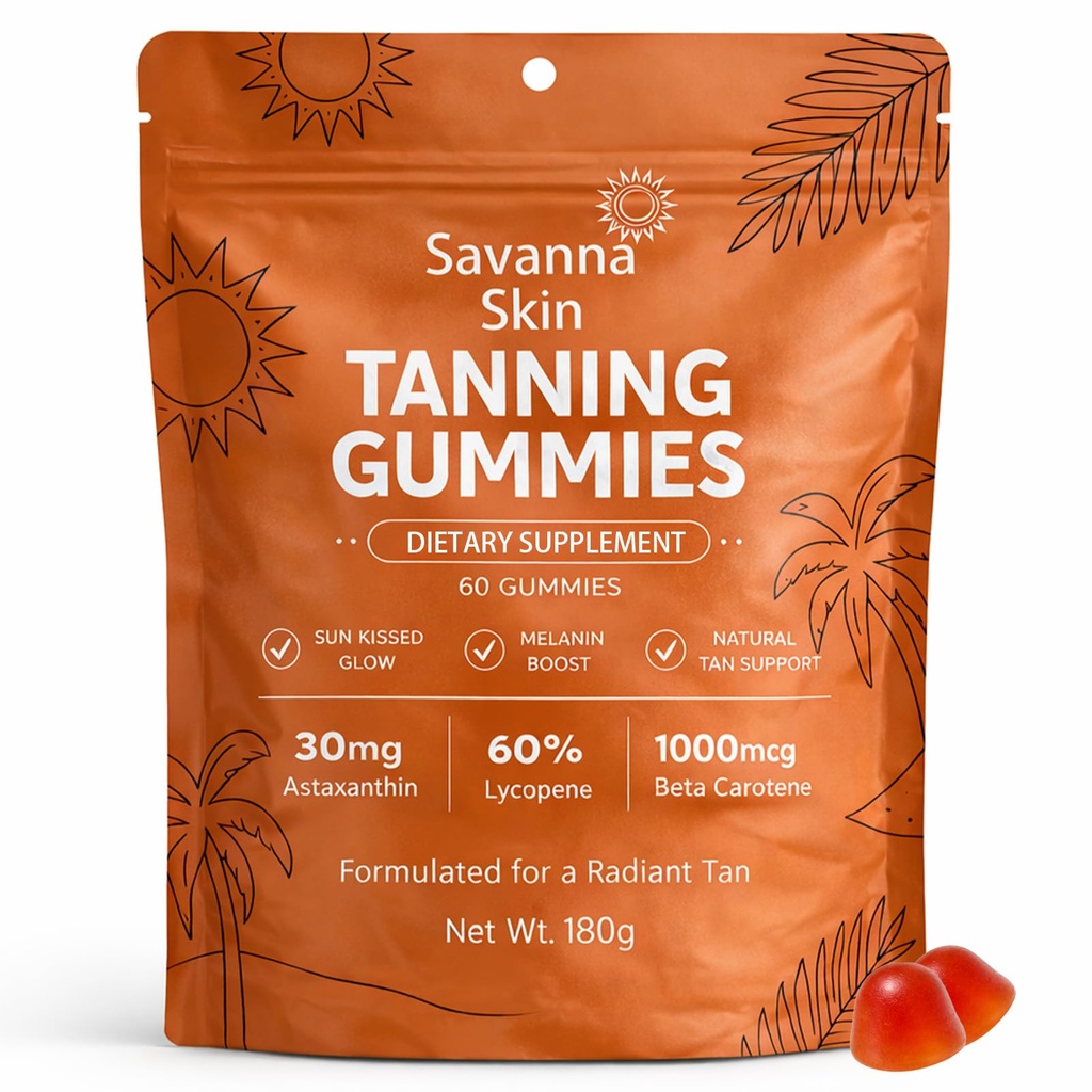Skin Tanning Gummies s vitamínom C & E, astaxantínom, Beta-karoténom, radiáciou a hydratáciou kože pre prirodzenú žiaru, bronzing, non-GMO, vegan a bez cukru - 60 grófov (1)