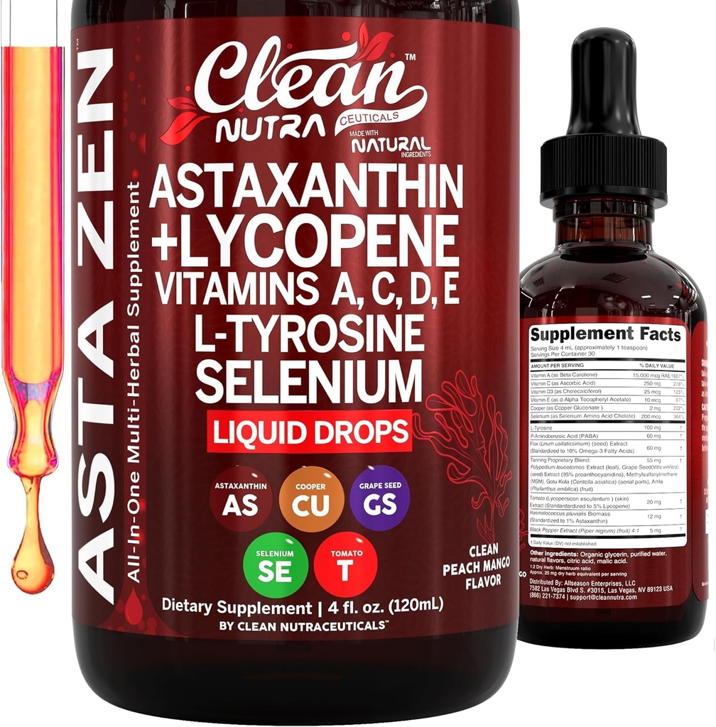 Clean Nutra Astaxantin Lykopén Tekuté kvapky Absorpcia Podpora Vitamíny A C D E 4 fl oz 
