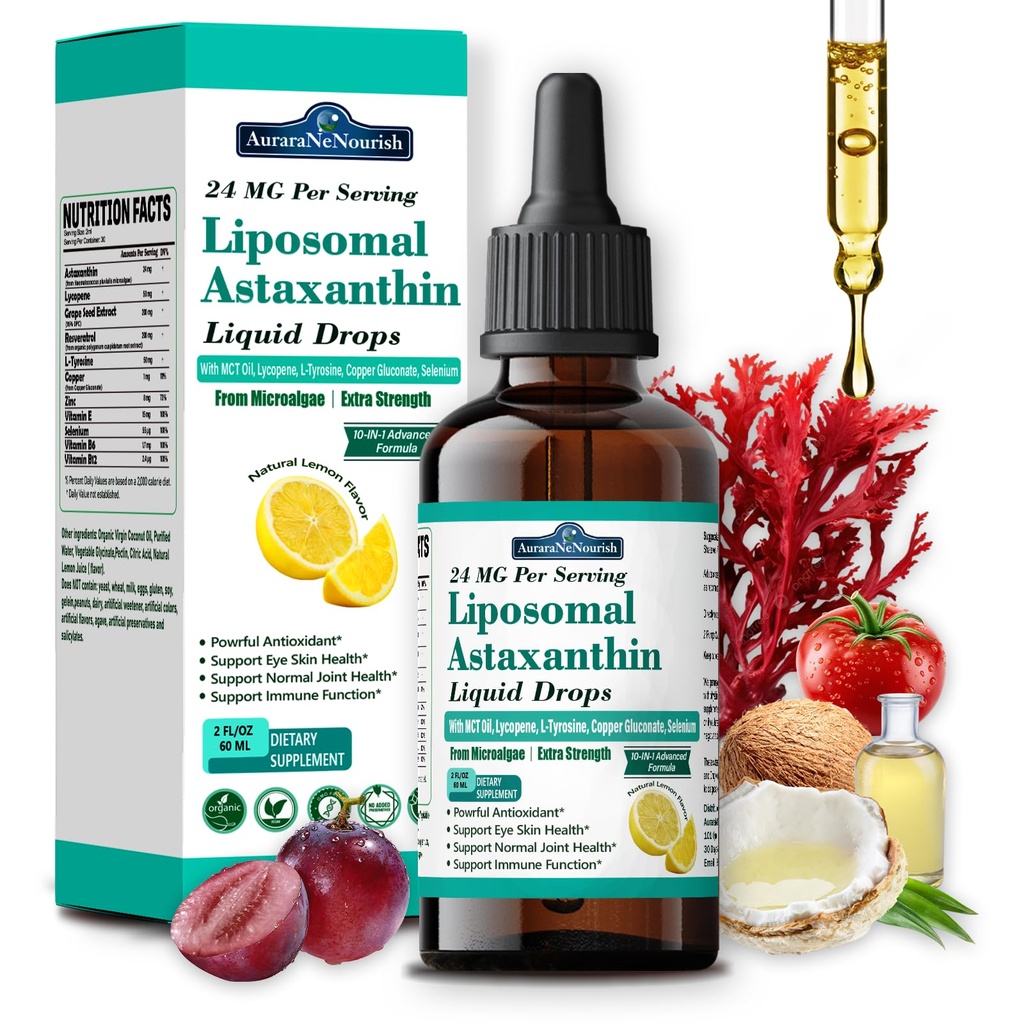 Lipozomálny astaxantín 24 mg tekuté kvapky, 11-in-1 Antioxidant s MCT olejom, lykopénom a organickým kokosovým olejom, čerstvé mikroriasy Zdroj, podporuje zdravie očnej kože kĺbov pre ženy a mužov, citrónové chute