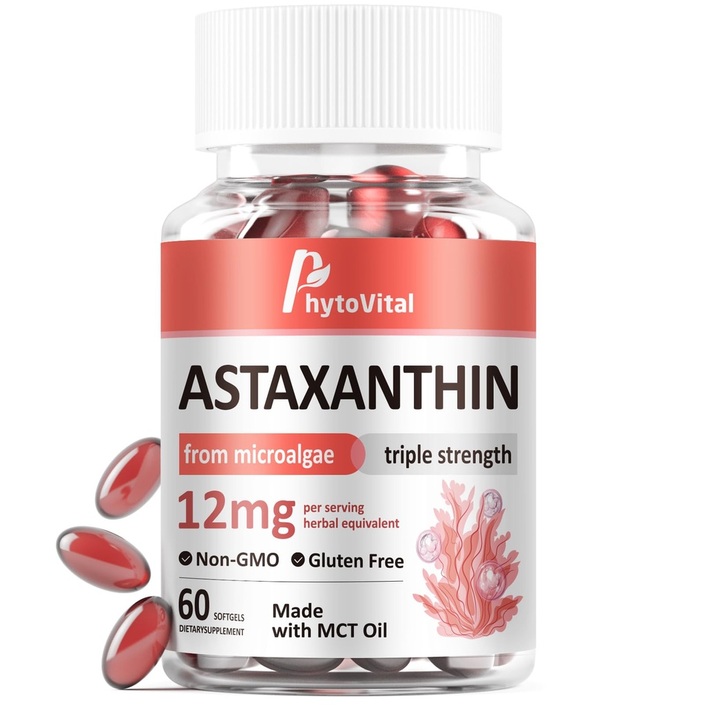 Astaxantín 12 mg s MCT olejom, 60 Softgels (2-Month Supply) 
