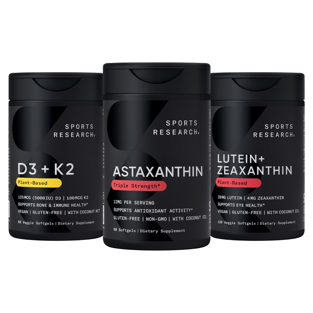 Športový výskum® Antioxidant Support Pack w/Astaxant 12mg, Vitamín D3 5000iu + K2 100mcg, a lutein 20mg + Zeaxantin 4mg Supplements - Vegan Certified · Non-GMO · Gluten & Soy Free