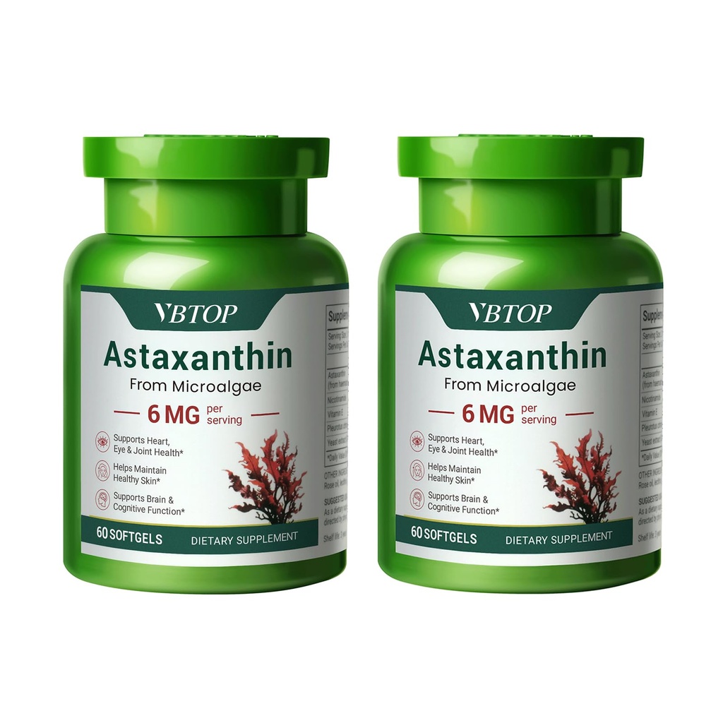 2 fľaše Astaxantín 6 mg, Premium Astaxantin Supplement with Antioxidant Activity, Supports Eye, Skin, Joint, and Immune System Health. Čerstvé mikrorias Zdroj, bez gluténu, bez GMO - 120 softgelov