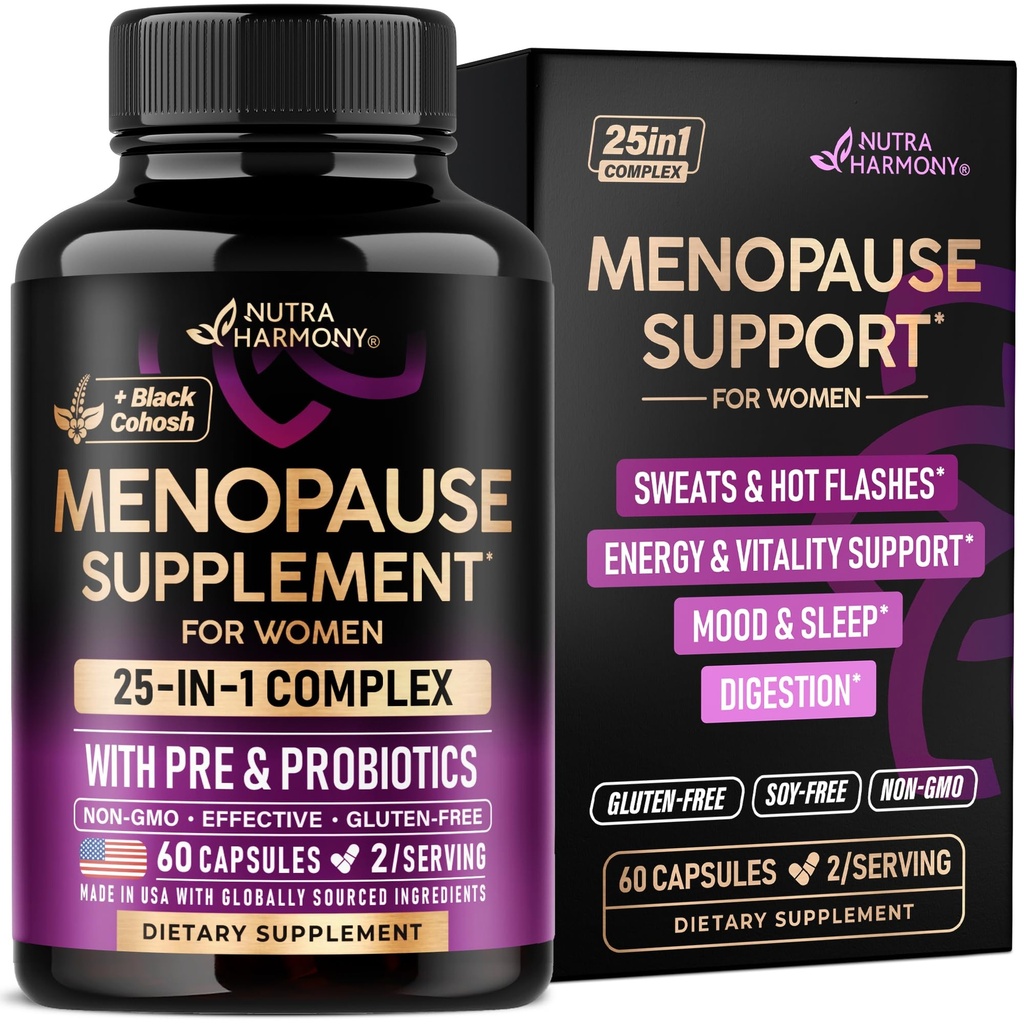 Menopauza Doplnky pre ženy - Dong Quai, Black Cohosh, Pre & Probiotiká - Potenie a úľava proti nárazom - Trvanlivosť, podpora spánku a nálady - 25-in-1 Perimenopauza Complex - Made in USA - 60 Kapsule