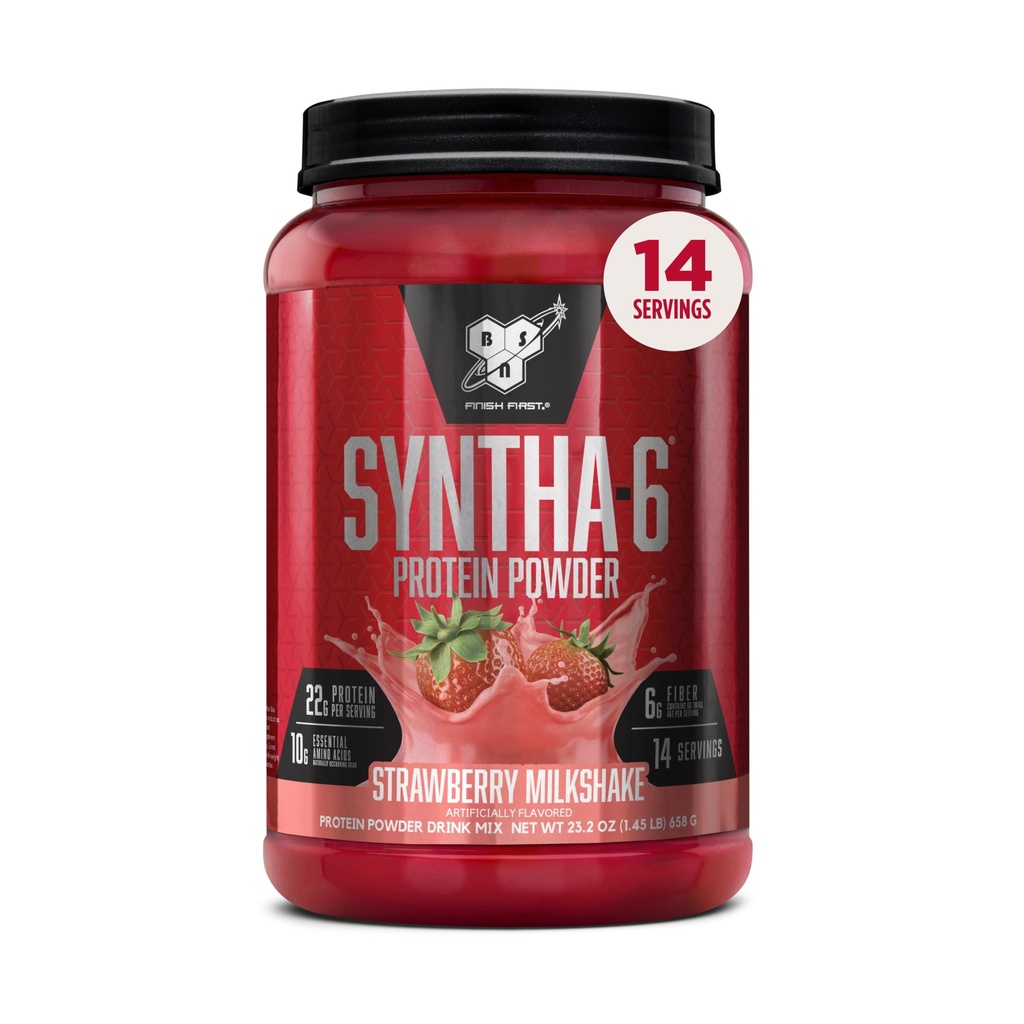 BSN SYNTHA-6 Prémiový proteínový prášok so 6g vlákniny, srsťovej izolát, Micellar Casein, mliečny proteín izolát, 6g tuku, jahodový mliečny koktail, 14 servírovacích, 1,45 libra (Backaging May Vary)