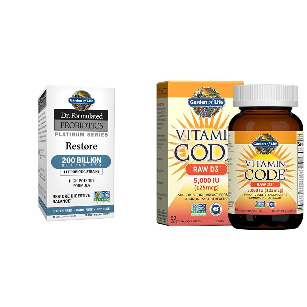 Záhrada života Dr. Formulované probiotiká Platinum Series obnoviť 200 miliárd a vitamín D, vitamínový kód Raw D3, vitamín D 5 000 IU, surový celý potravinový vitamín D