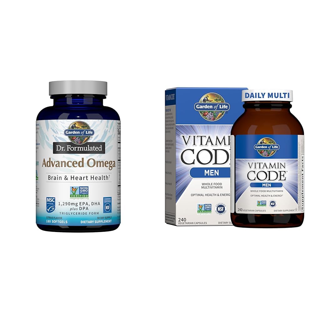Záhrada života Dr. Formulated Advanced Omega Fish Oil & Multivitamín pre mužov - Vitamínový kód Mužský surový celý potravinový vitamín doplnok s probiotikami, Vegetarián, 240 Kapsule