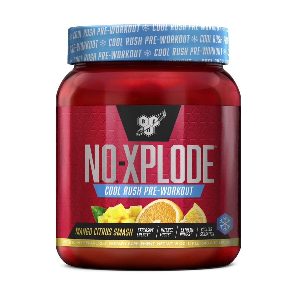 BSN N.O.-XPLODE Cool Rush Pre Workout Powder, Preworkout Energy Supplement for Men and Women with Creatin and Beta-Alanine, Mango Citrus Smash, 30 Servings, 1,2 libra (Backaging May Vary)