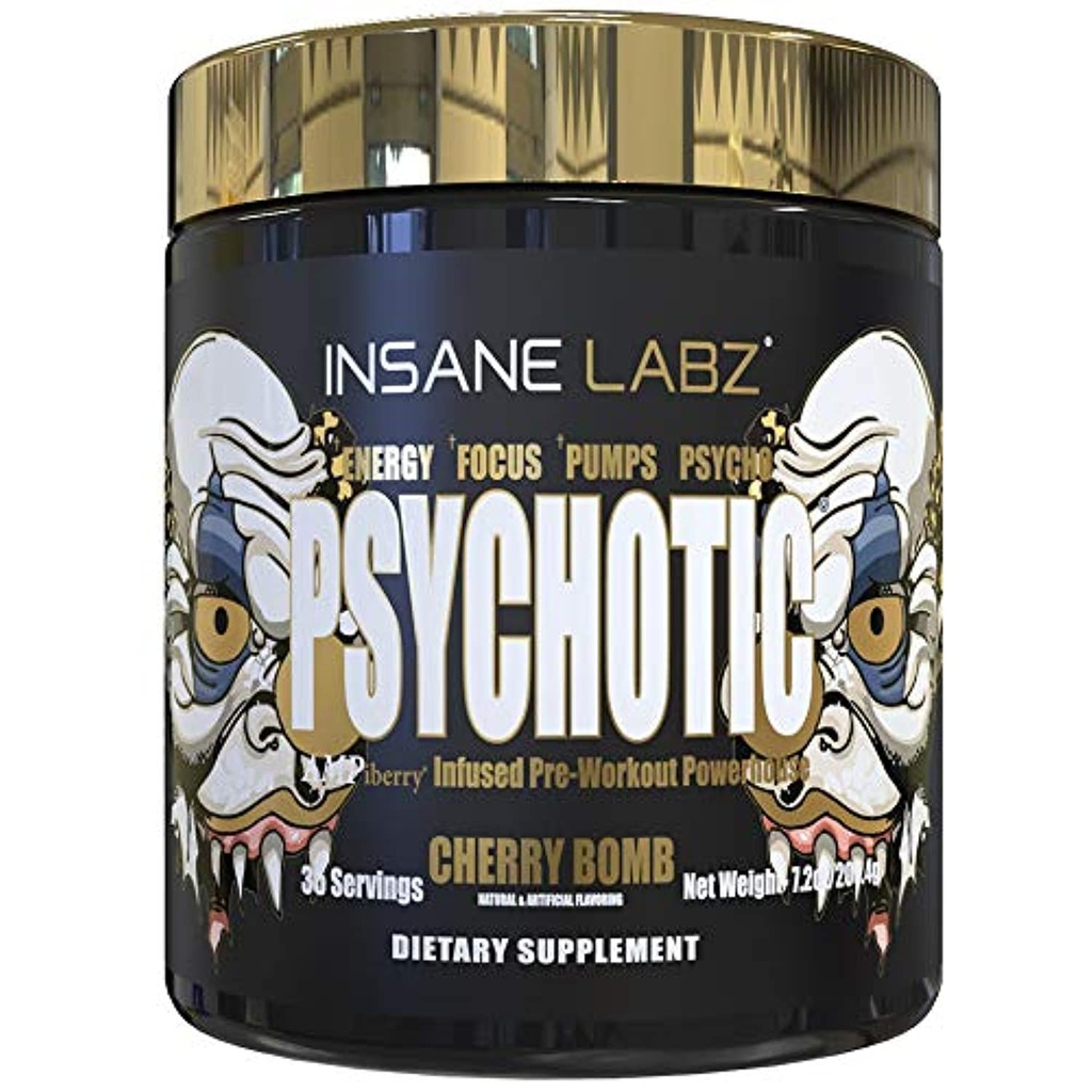 Insane Labz Psychotic Gold, High Stimulant Pre Cvičenie Powder, Extrémne Trvalé energie Focus, Čerpadlá a Endurance s Beta Alanyne, DMAE bitartrate, NO Booster (35 Servings, Cherry Bomb)