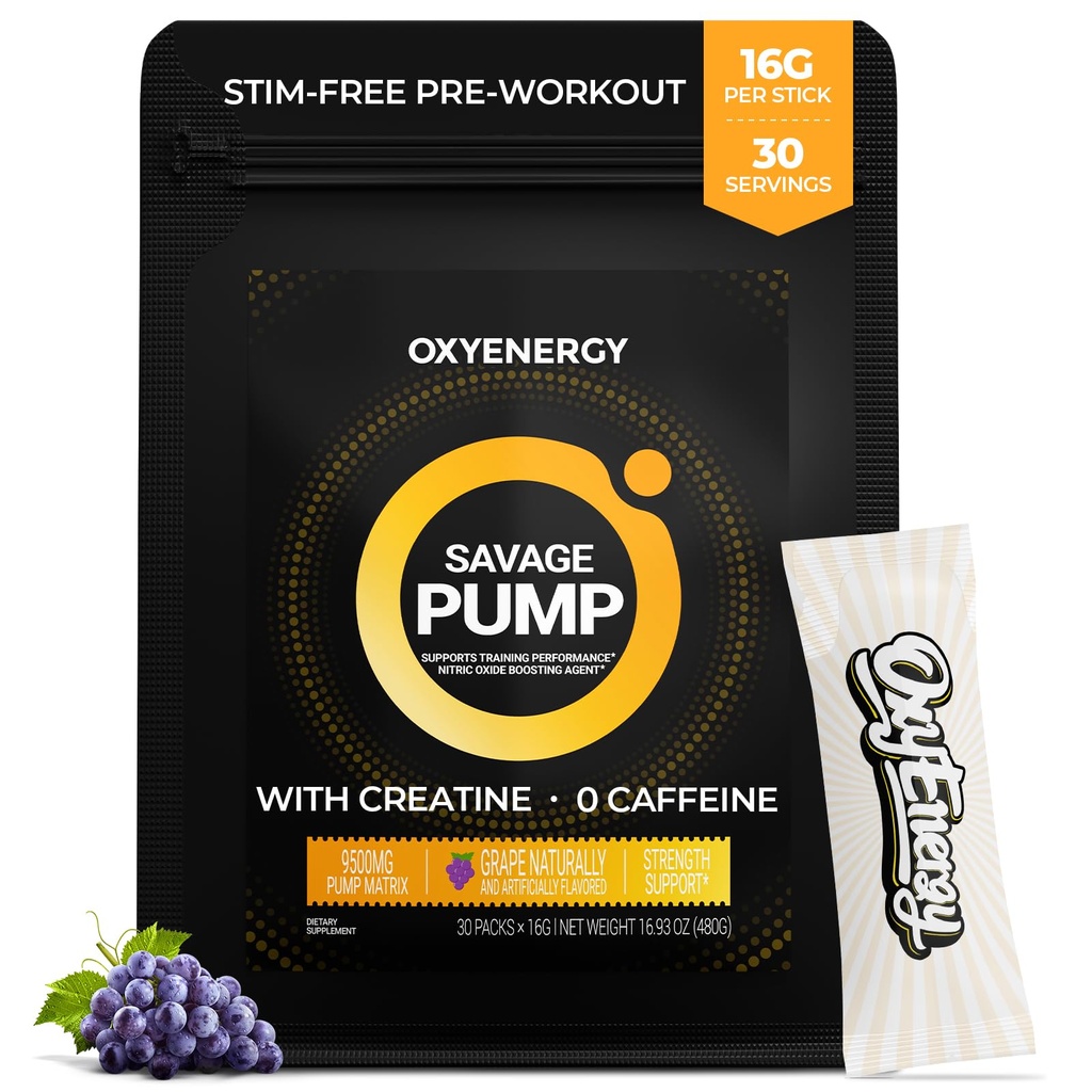 OxyEnergy Nitric Oxide Booster, Max Pump Non Stim Pre Cvičenie Powder pre mužov, s Beta Altanine, L Citrulín, Kreatín pre cirkuláciu, svalové čerpadlá, Vytrvalosť, Hrozno, On-The-Go Packet- 30 Servis