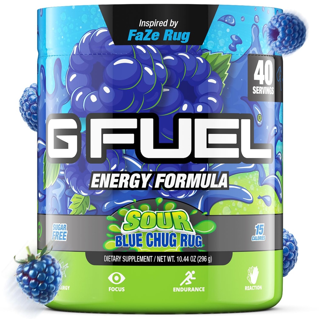 G Fuel Chug Rug Energy Drink Powder, Pre Cvičenie kofeín Mix pre Gaming, bez cukru Focus Amino, Vitamín + Antioxidanty, 10.44oz (Sour Blue Malina, 40 Servings)