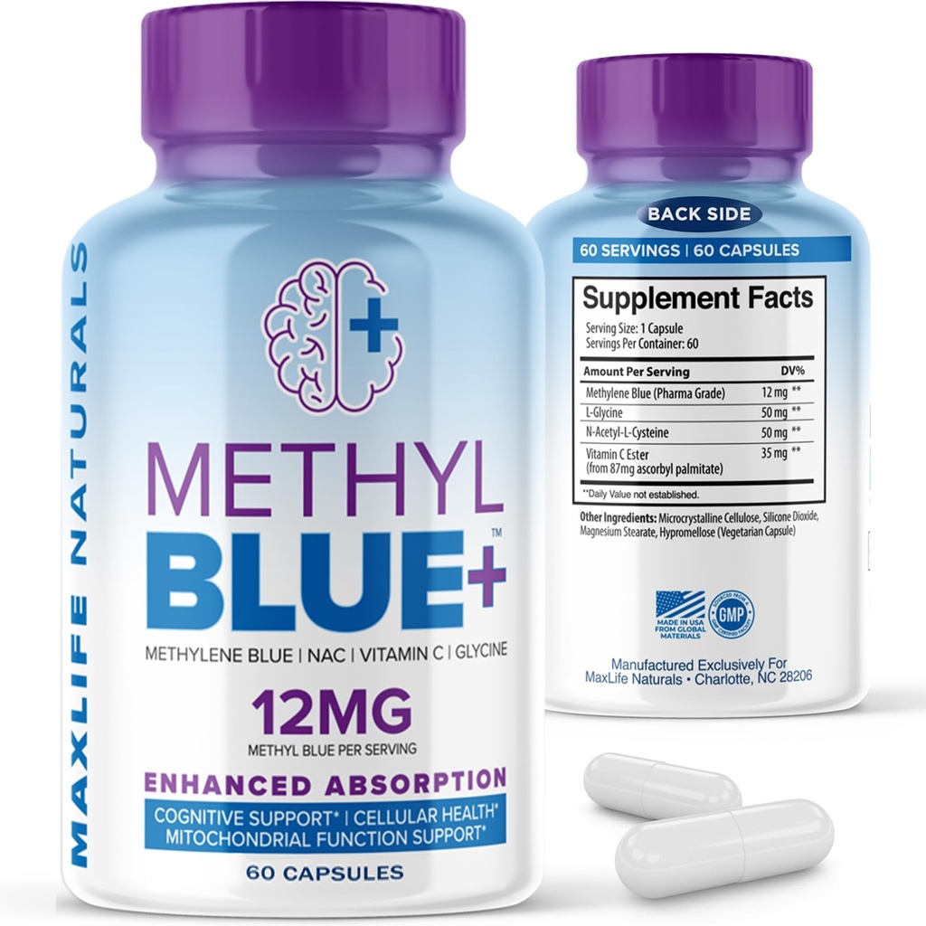MAXLIFE NATURALS Pure Metylén Blue Kapsule, Ultimate Metylén Blue Pharmaceutical Grade 12 mg - 60 Kapsule s vitamínom C Ester a NAC Glycín, podporuje celulárne a kognitívne funkcie, Made in USA