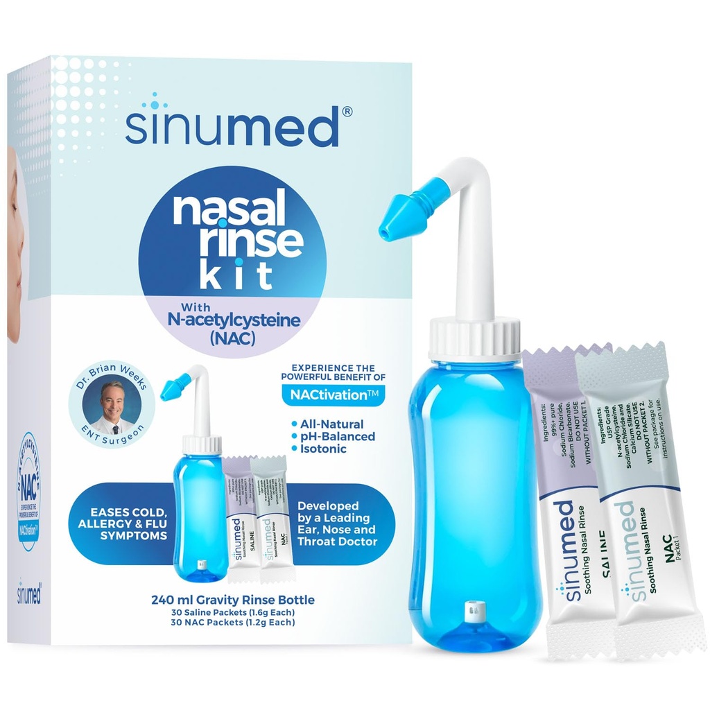 Sinus Rinse, 60PK Nasal Rinse Pakets s NAC a Saline, Gravity Rinse fľašu, Alternative to Neti Pot, Pomáha s alergiou, Kongescia, studené príznaky (Gravity Fľaša s NAC 60PK)