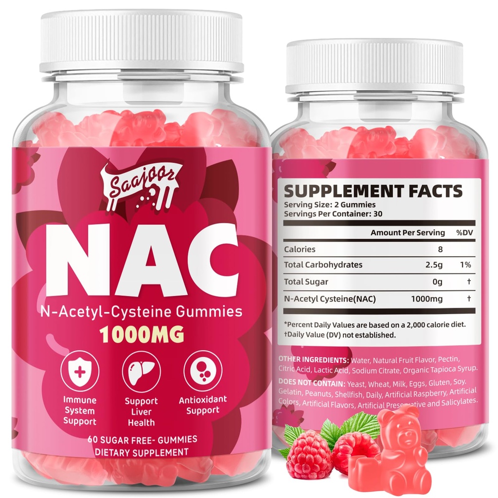NAC Gummies Sugar-free, N-Acetyl Cysteine NAC Supplement 1000mg for Antioxidants, Immune Support, Non-GMO, Gluten-Free, Vegan 