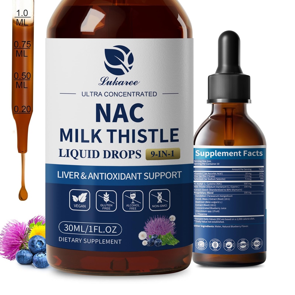 Lukaree Lipozomálne NAC Dodatok N-Acetyl-L-Cysteín 600 mg s mliekom Thitle - NAC Aminokyseliny kvapky w/Selén pre podporu pečene a obličiek*, pľúca, antioxidanty a imunitná podpora* - Vegan, non-GMO- 2oz