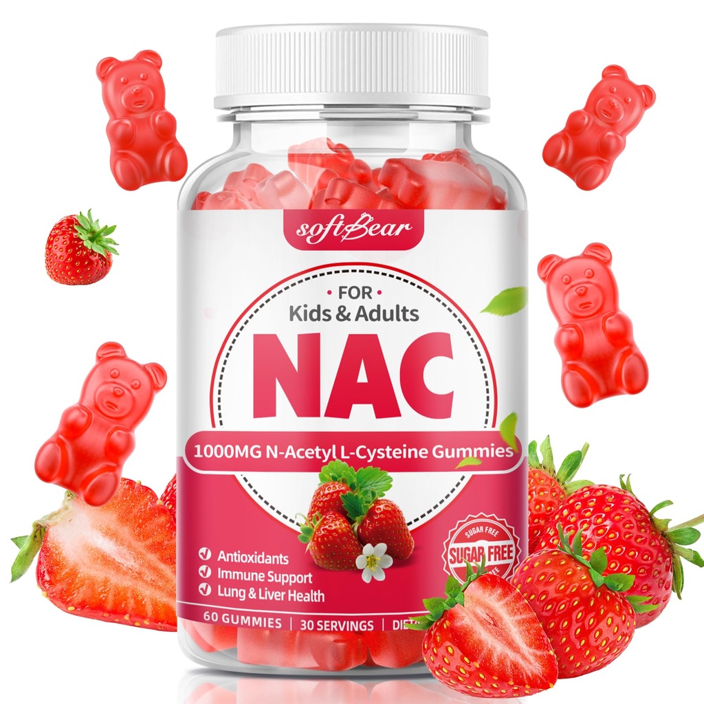 softbear NAC Gummies for Kids & Adults, NAC Supplement 1000mg N Acetyl Cysteine Supports Lung & Liver Health, Antioxidants & Immune System, Jahodová chuť 60 Počet